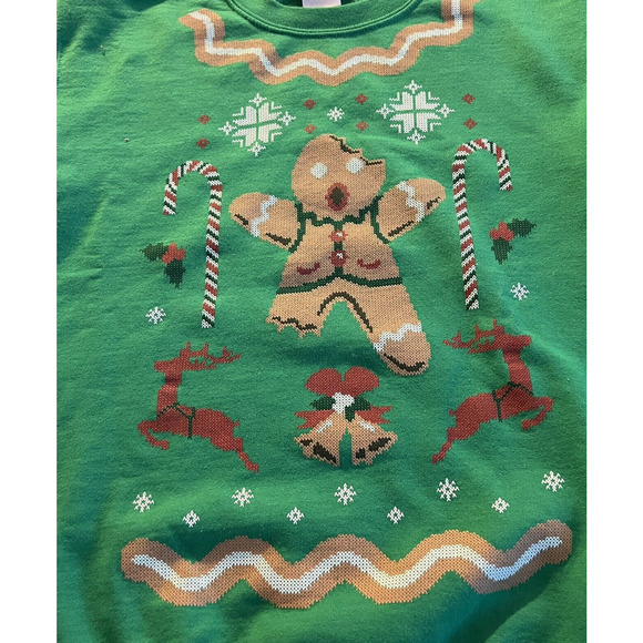 Christmas Holiday Green Sweatshirt Size SMALL Gingerbread Man Candy Cane XMAS - Picture 3 of 9